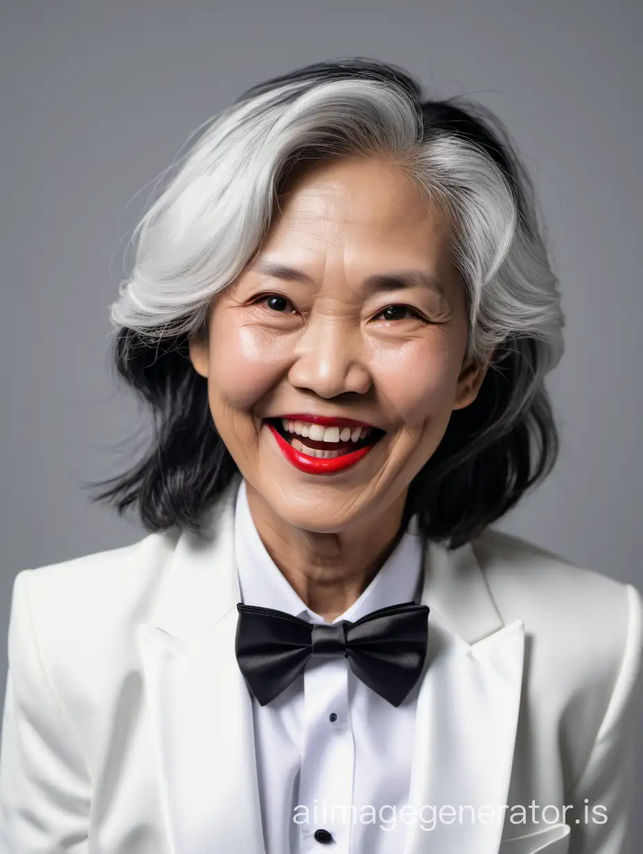 smiling and laughing middle age Vietnamese woman with shoulder length gray hair wearing white tuxedo, wearing a white shirt, wearing a black bow tie, wearing red lipstick