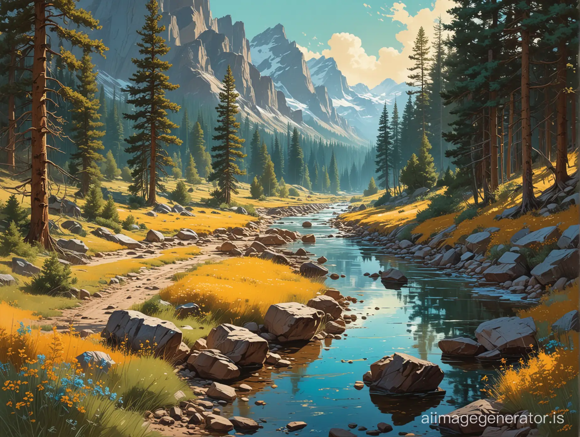 the wild frontier poster by steve daines, in the style of contemporary landscapes, light amber and turquoise, swiss realism, david hettinger, arcadian landscapes, ps1 graphics, hyper-detailed illustrations