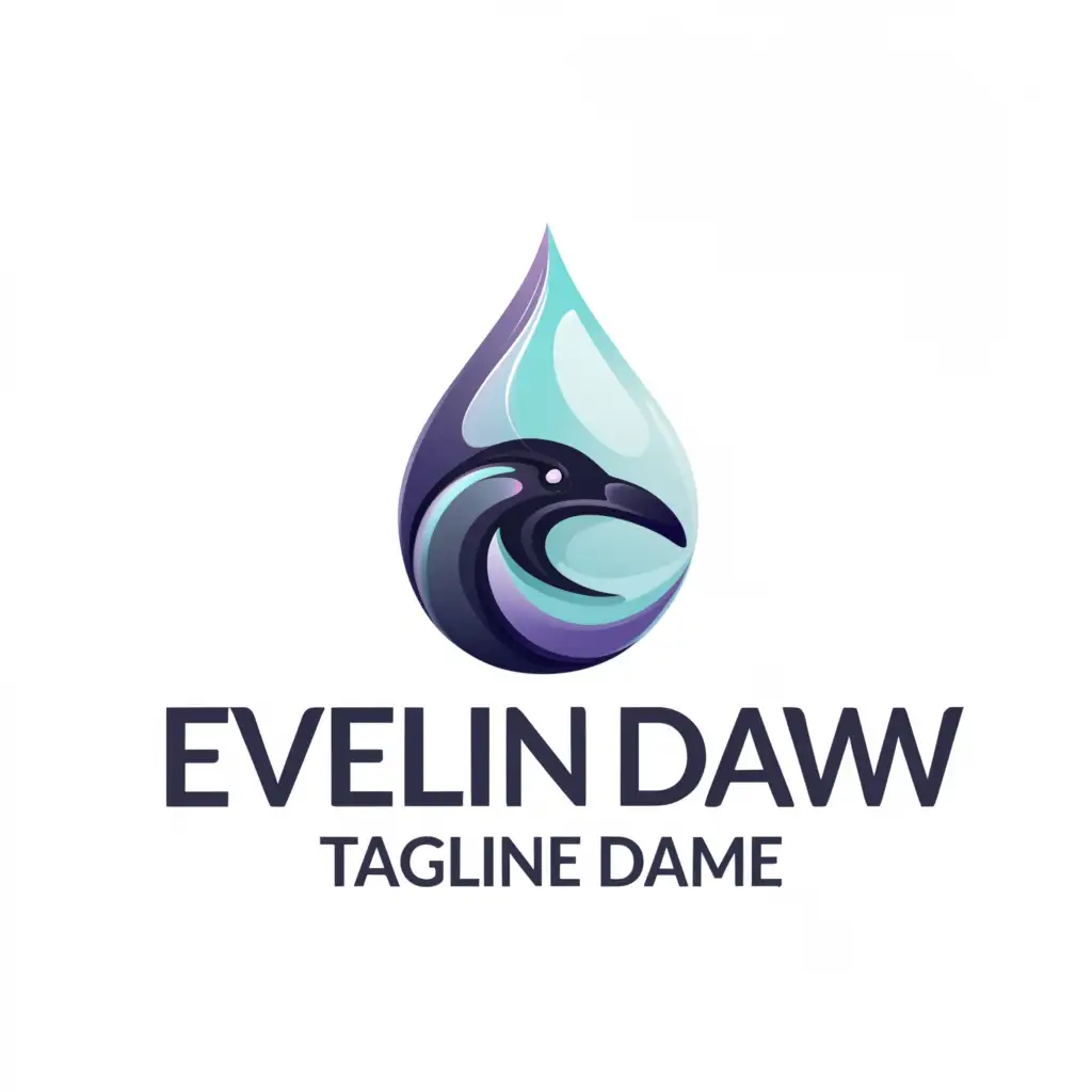 a logo design, with the text 'Eveline Daw', main symbol: abstractly painted fluid crow head inside water droplet, cold colors, minimal lines, Minimalistic, to be used in Entertainment industry, clear background