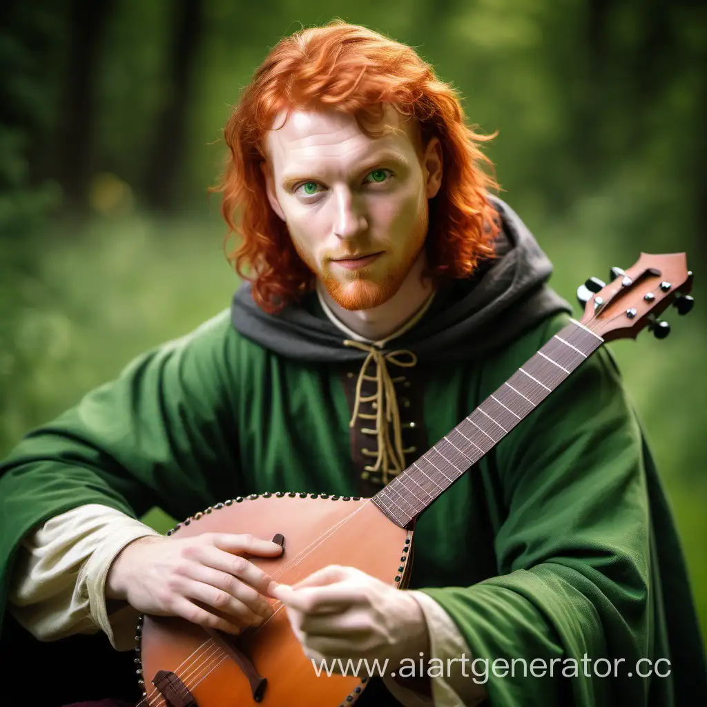 Рыжий мужчина с зелёными глазами, министрель, бард, играет на лютне, мандолине, средневековый стиль, в зелёном плаще
