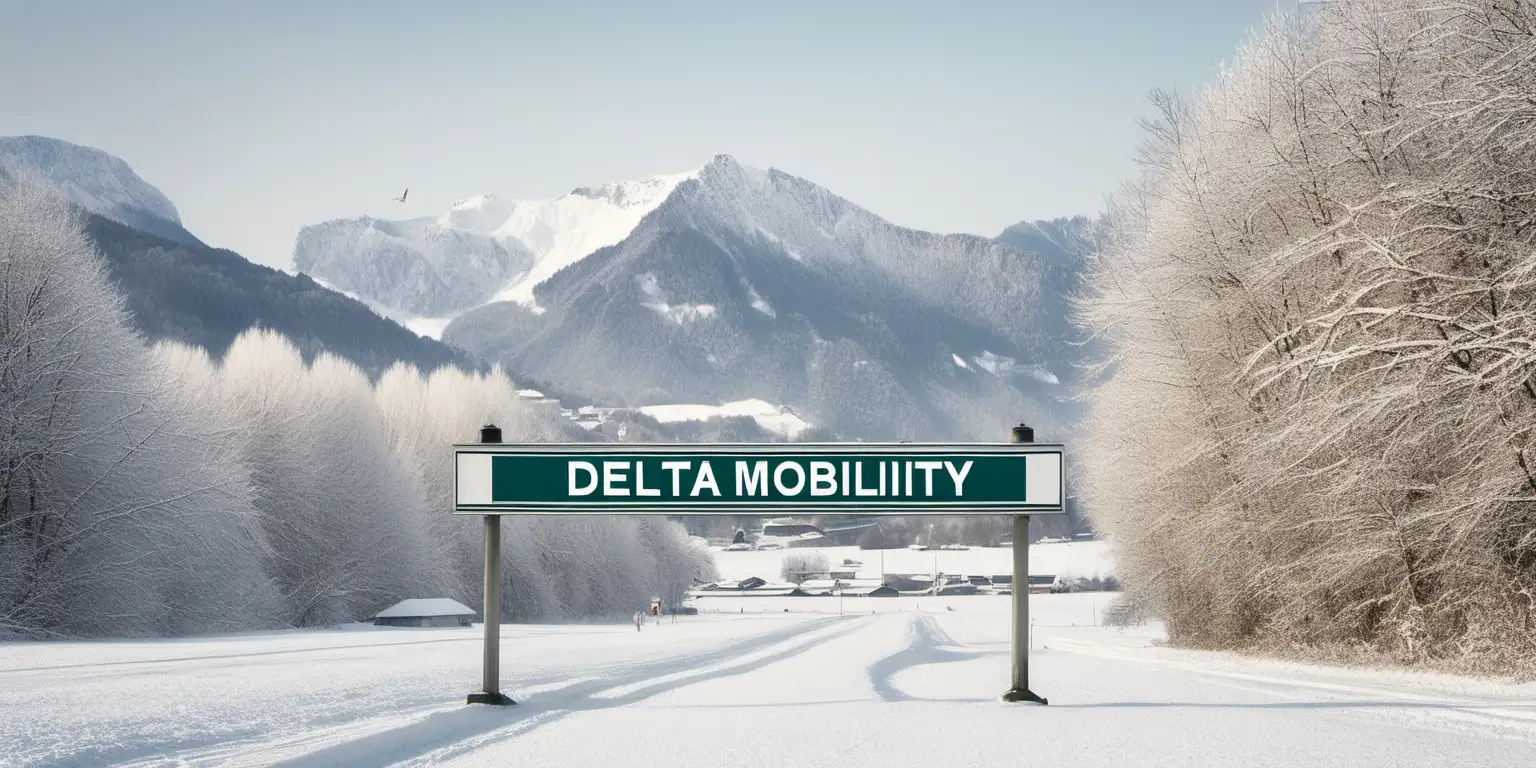 Scenic Winter Landscape in Austria with DELTA Mobility Town Sign