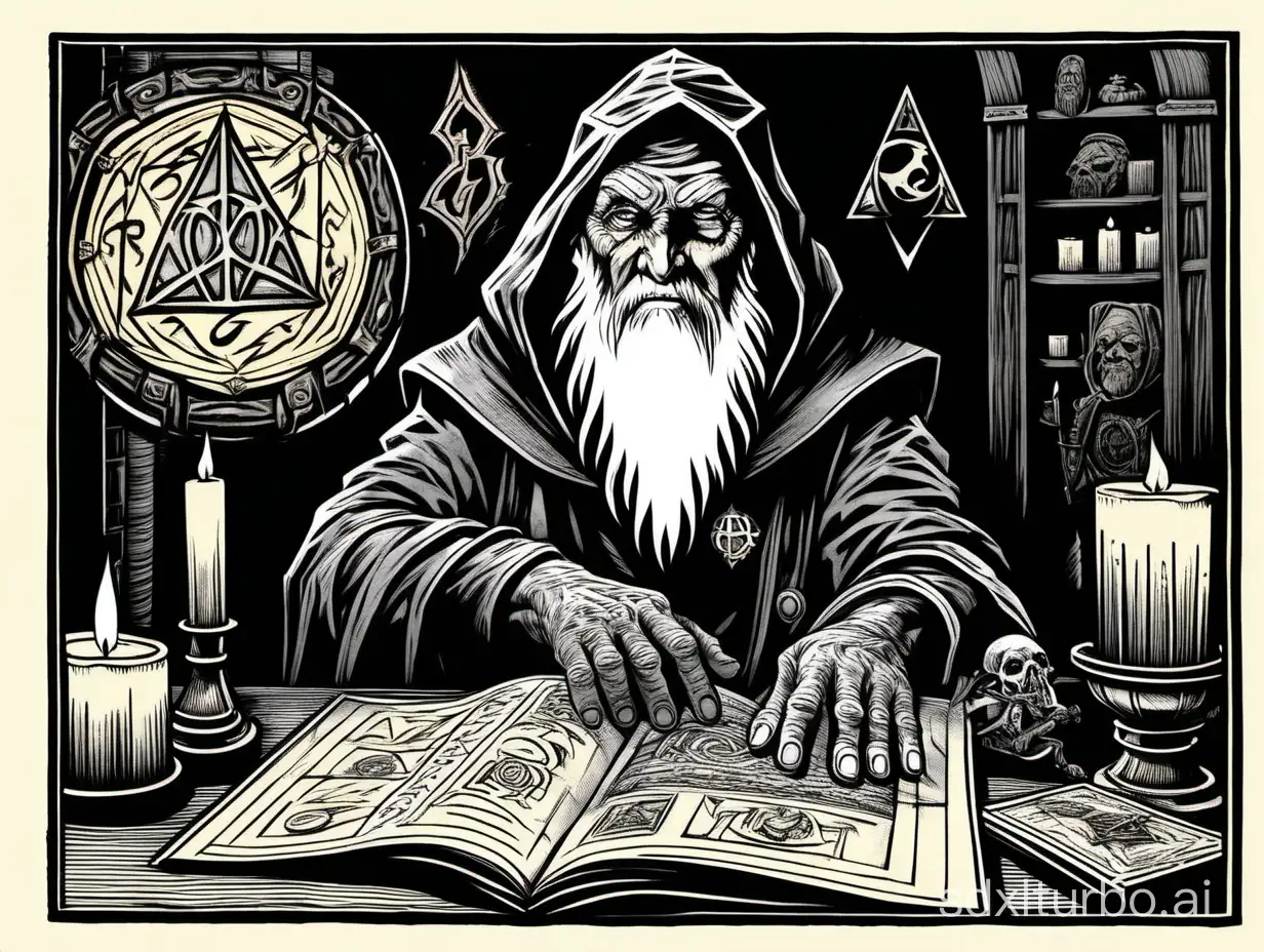 an elderly mage, spirit board, a tome sitting on a table, sigil amulet, web:magic circle, candle, surprised expression, in a dark chamber, dark and moody atmosphere, close up, block print, black and white ink, no gradients, 2bit bw, high contrast, heavy lines, thick lines, 3px black border, style of 1983 Dungeons and Dragons, by Bill Willingham,