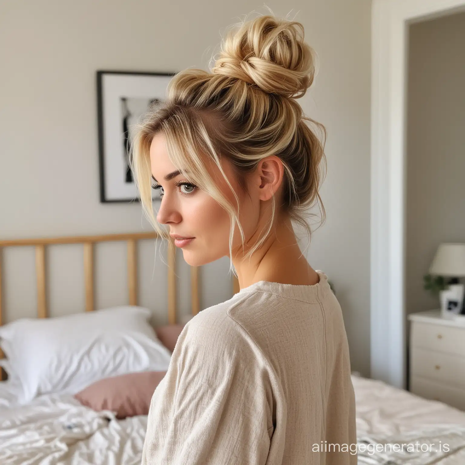 Pretty blonde messy bun standing in bedroom