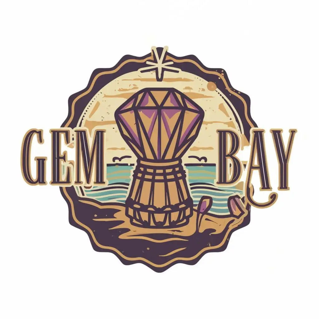 logo, Djembe; purple top Gem, bottom beach Bay, with the text dark purple "Gem Bay", typography