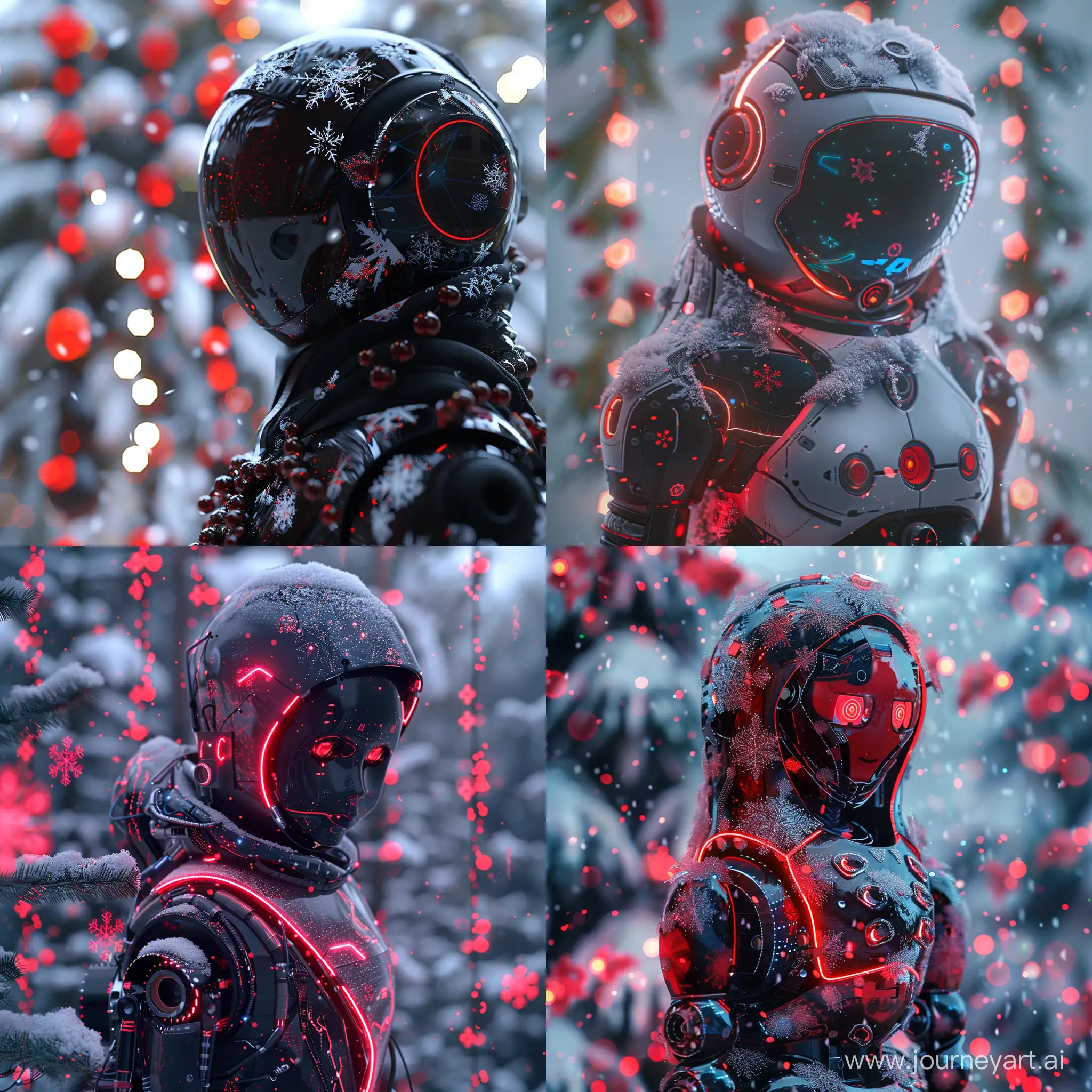Russian matryoshka-robot in cyberpunk style, cyborg, hybrid, snowflakes, falling snow, neon, garland, crimson shimmer, realism, high resolution, high detail, transparency bipuramidal fractal effect, 3d --v 6 --ar 1:1 --no 52841
