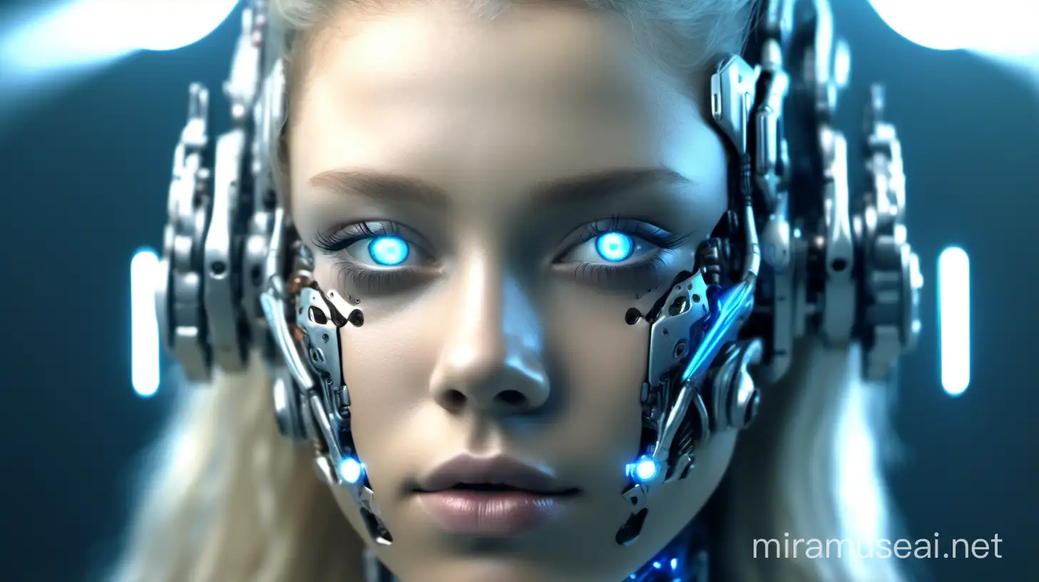 Cyborg woman, 18 years old. She has a cyborg face, but she is extremely beautiful. Blonde. Blue eyes. 4k