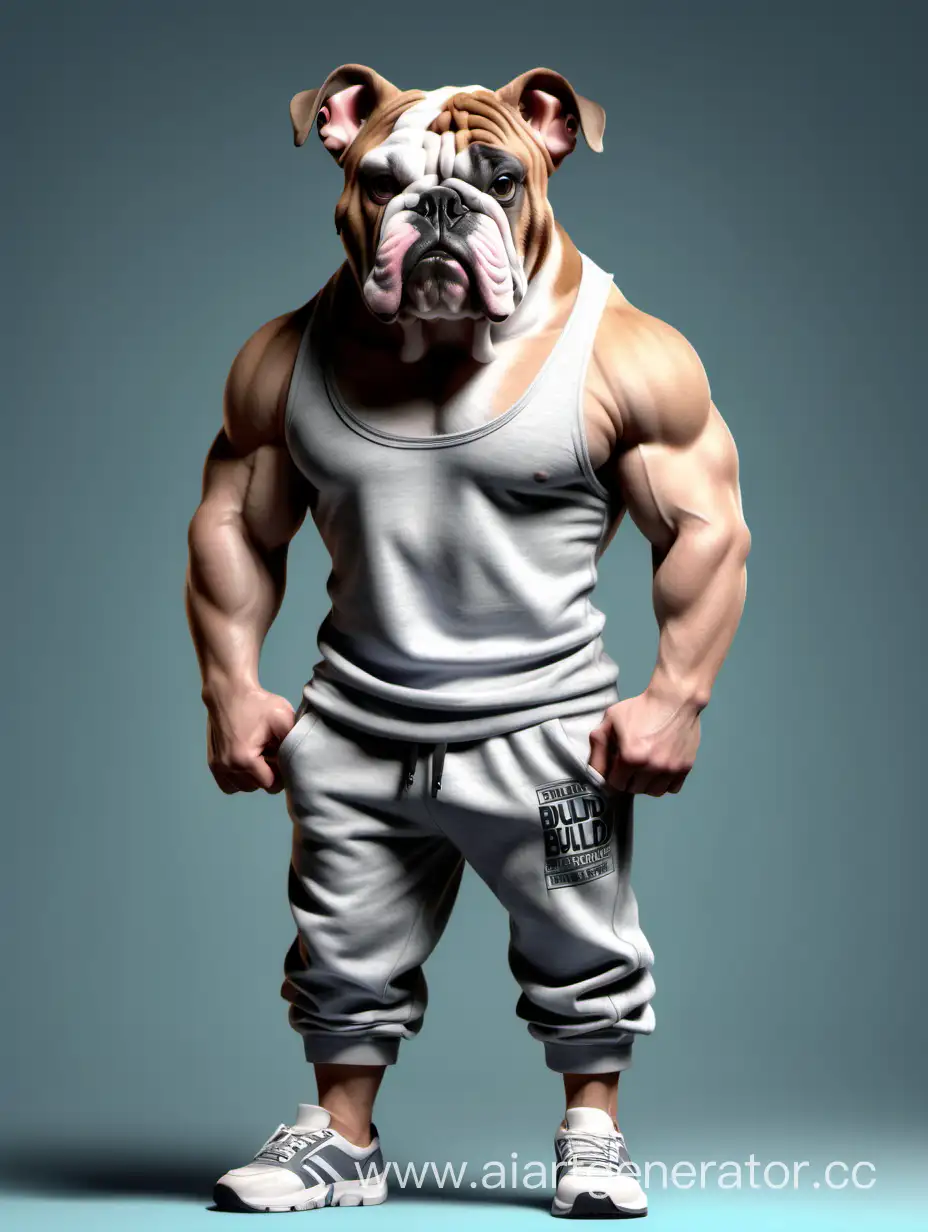 Grey bulldog in tank top and sweatpants in box gym
Realistic style
