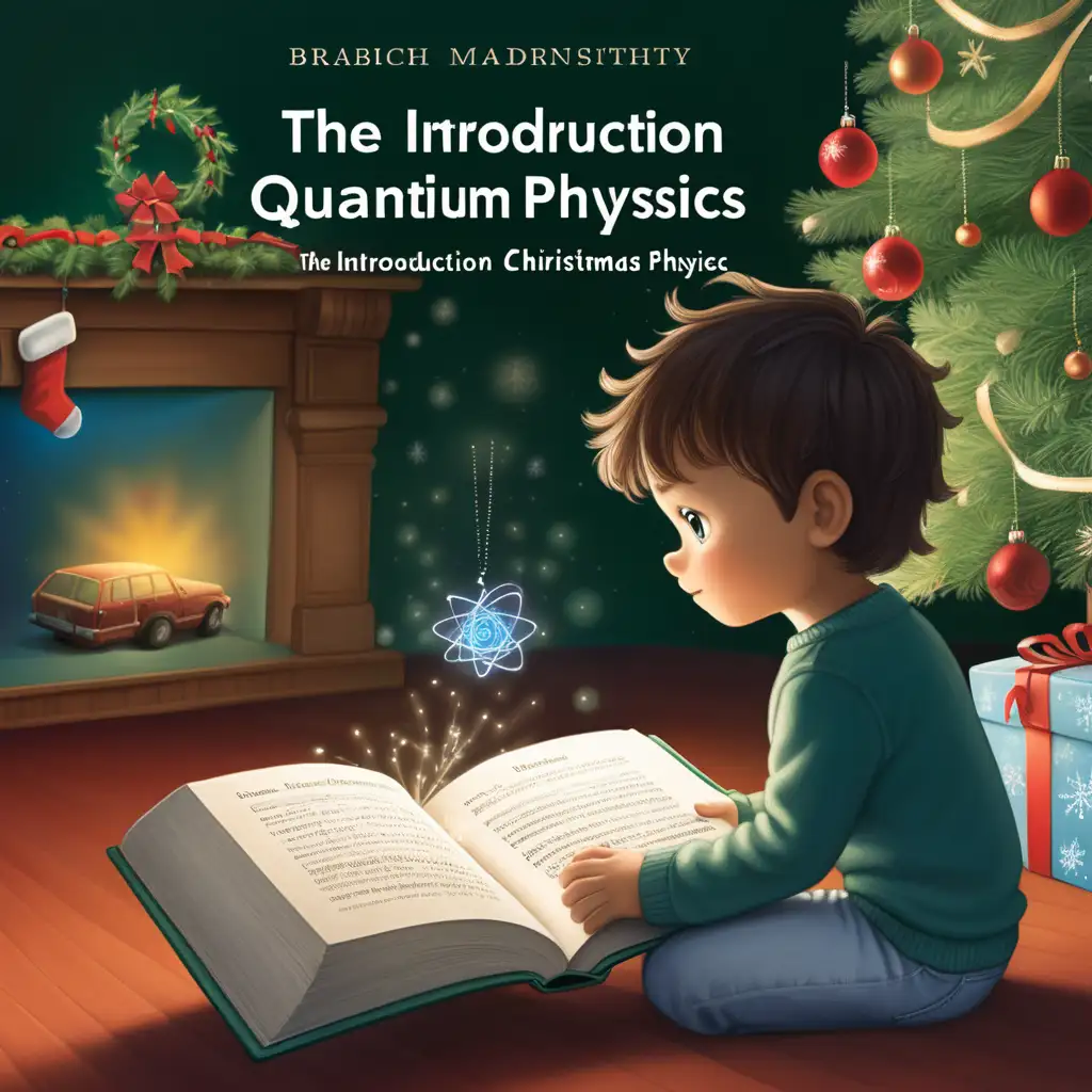 Closed book, the title is: Introduction into qunatum physicis, child holding it under chrsitmas tree