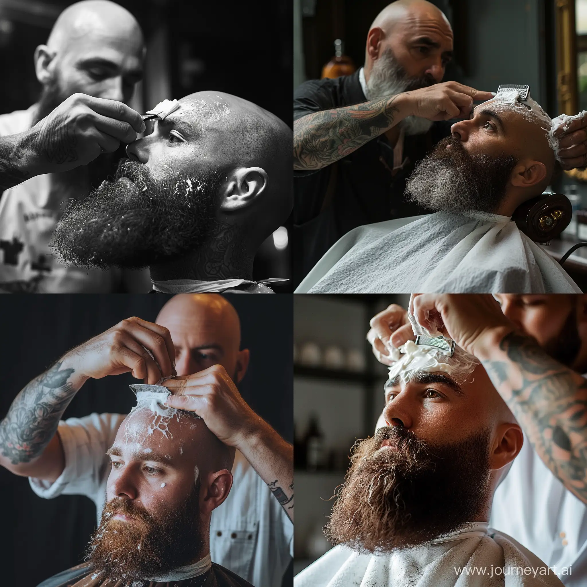 Bearded man getting his head shaved by a bald barber