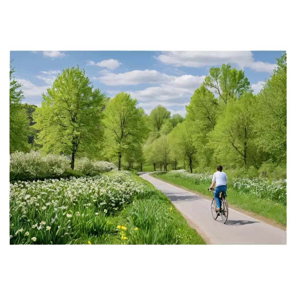 a spring landscape, a bicycle speeding by