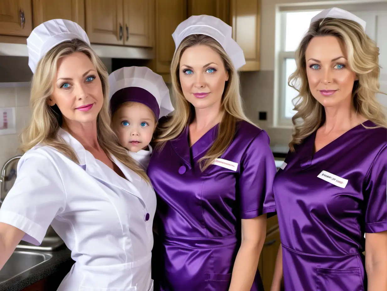 Multigenerational Kitchen Cleaning Girls in Stylish Nurse Uniforms and Milfs with Brown and Blonde Hair