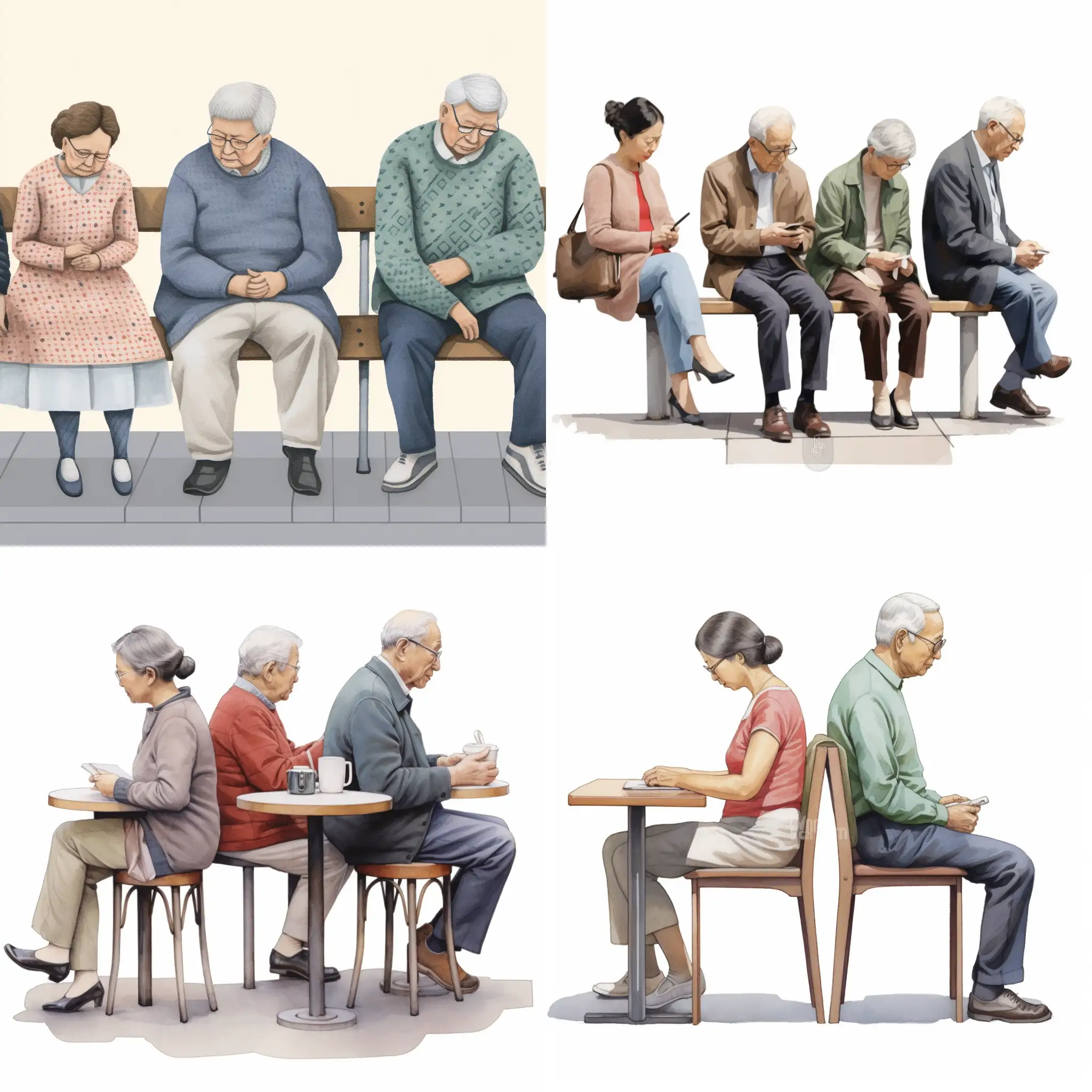 A depiction of common poor postures in people's daily lives, illustrating various unhealthy sitting and standing positions often observed in everyday settings, the focus is on the impact of these postures on the body, Illustration, digital art, emphasizing the ergonomics and physical strain