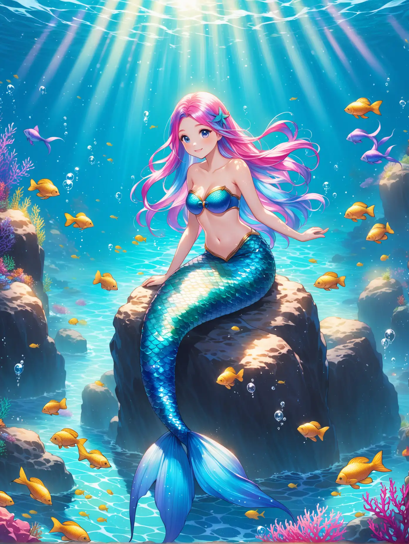 mermaid sitting on rocks, shimmering single blue tail splashing in the sea amongst fish, blue pink multi-coloured hair, 
