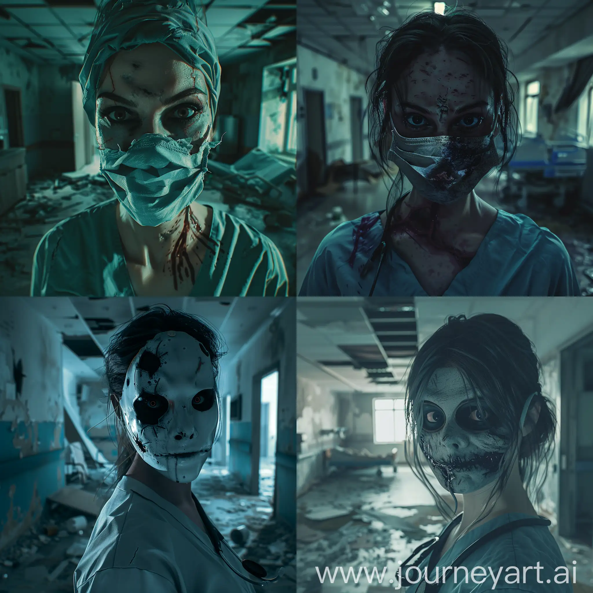 Psychopath nurse with creepy mask, has a vaccine, evil eyes, ruined hospital room, vhs, darkness, psychopath, cinematic lighting, realistic image