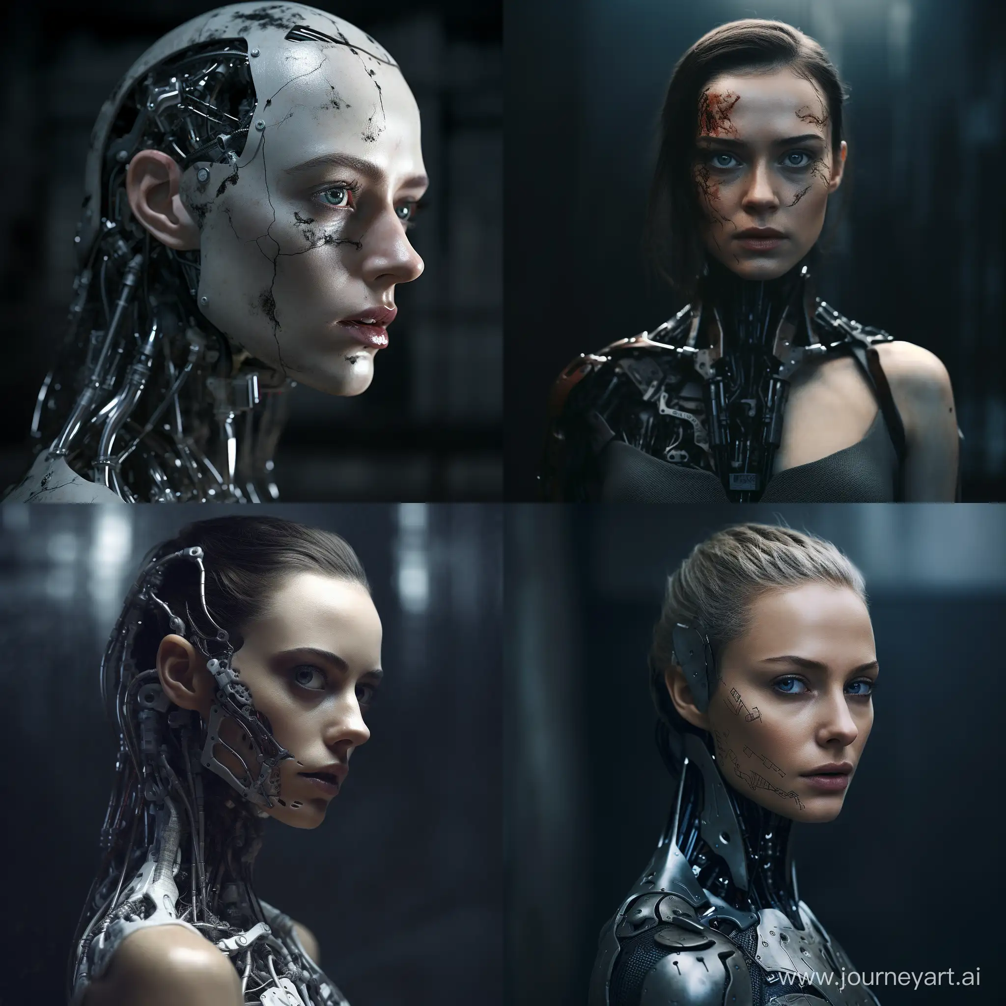 realistic photo of the human-like robot, close up to head and shoulders, absent far away look, blurry dark background