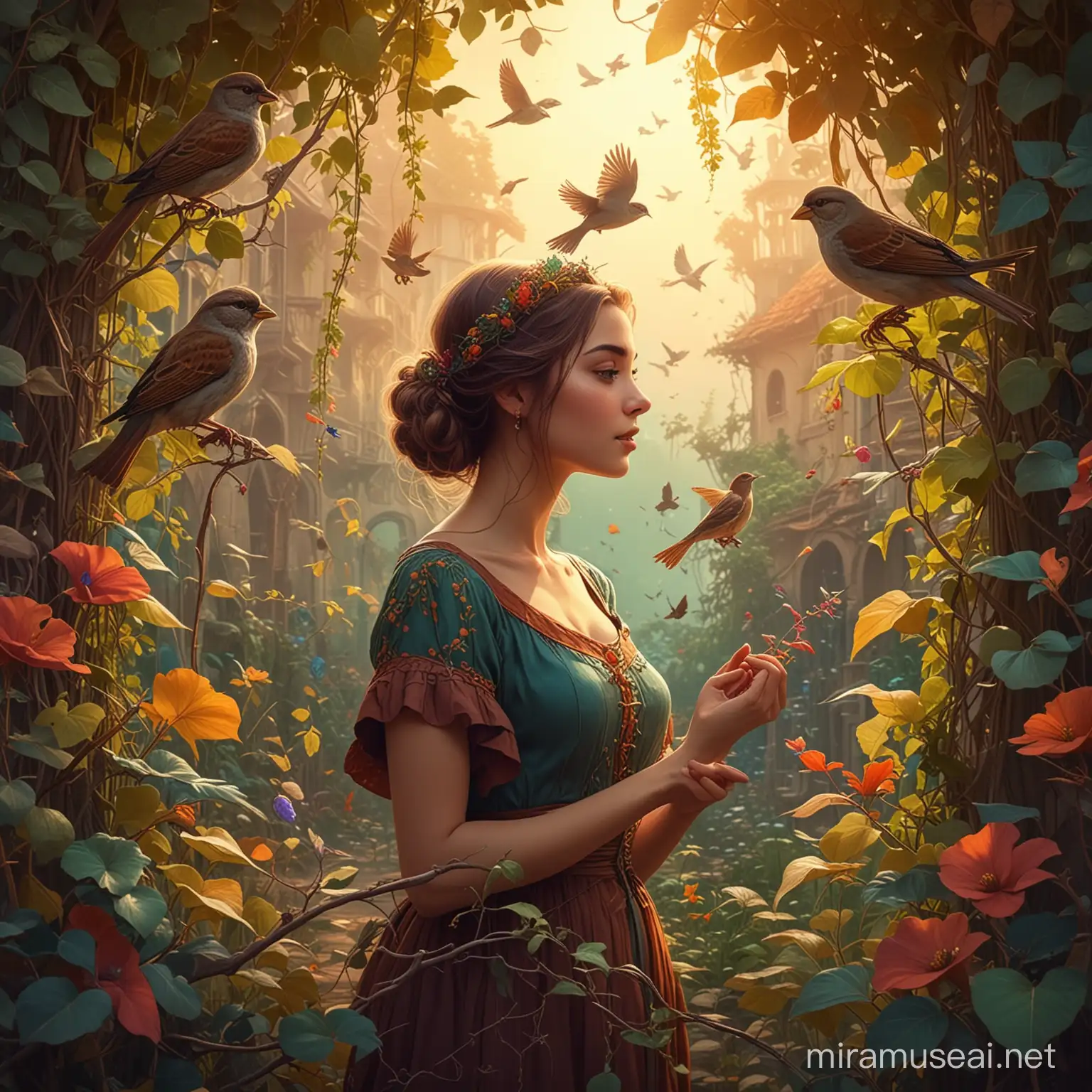 vintage animation style, young woman and sparrow, surrounded by vines, colorful, mystical world