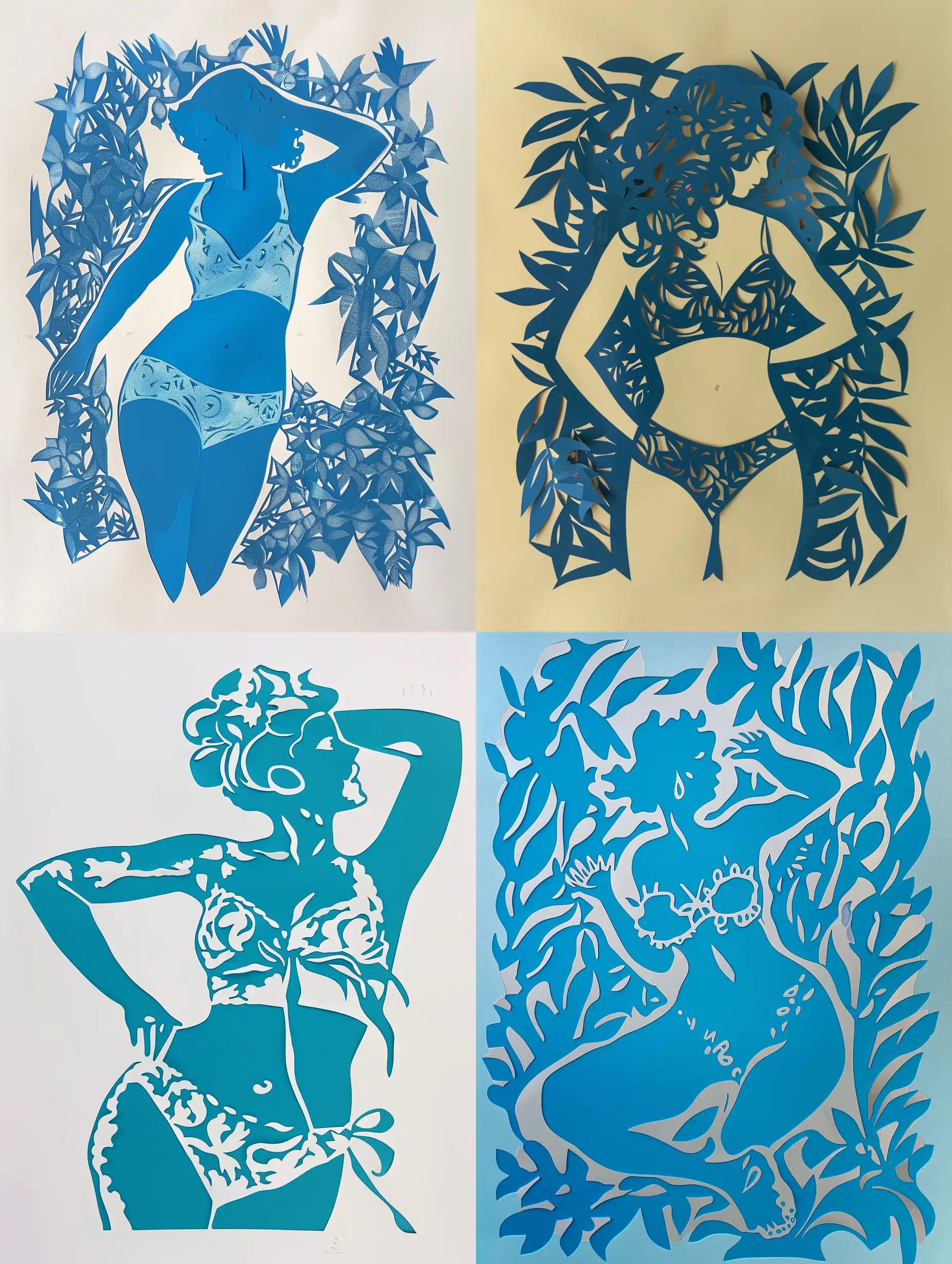 papier bleu découpé à la Matisse.  Femme portant une somptueuse Lingerie féminine 
