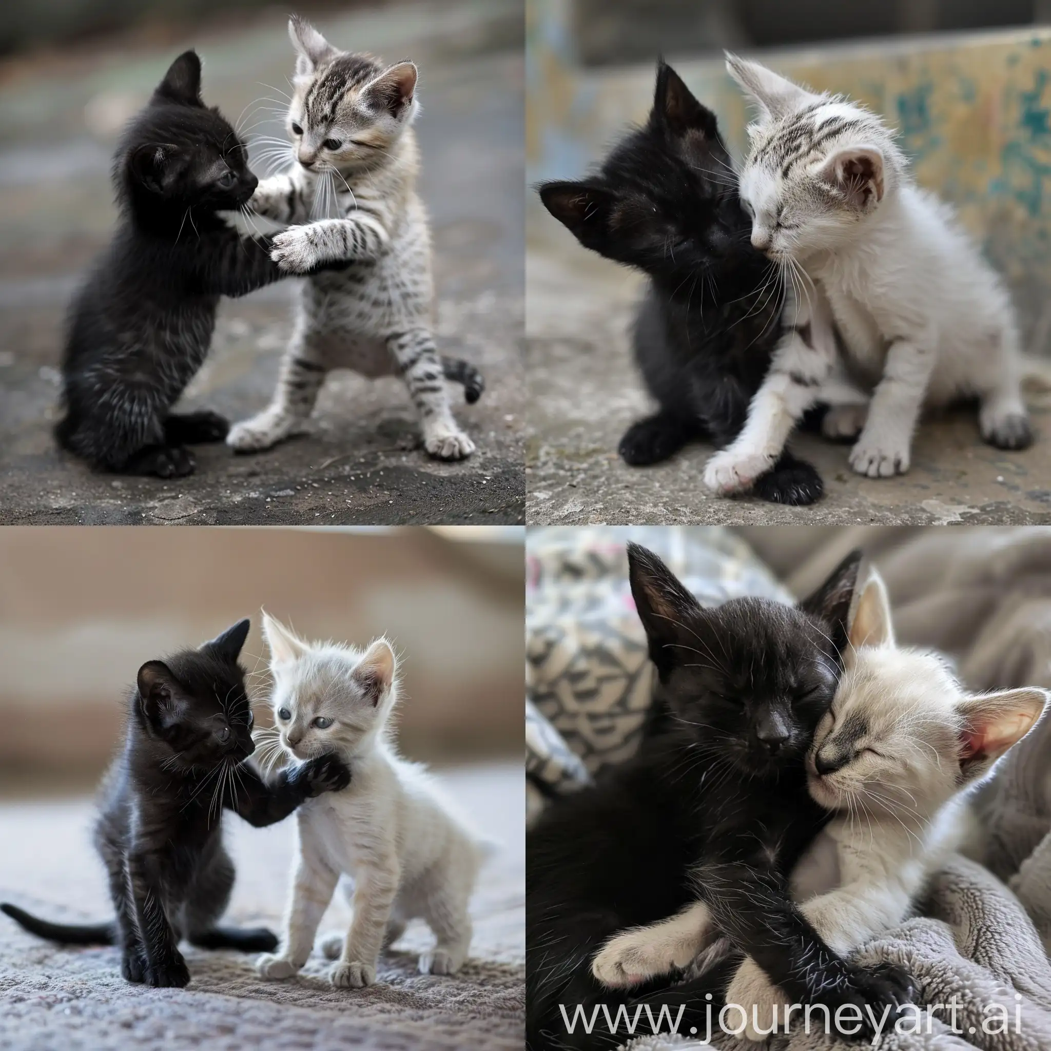 два котика: один - черный, другой - белый, играются друг с другом