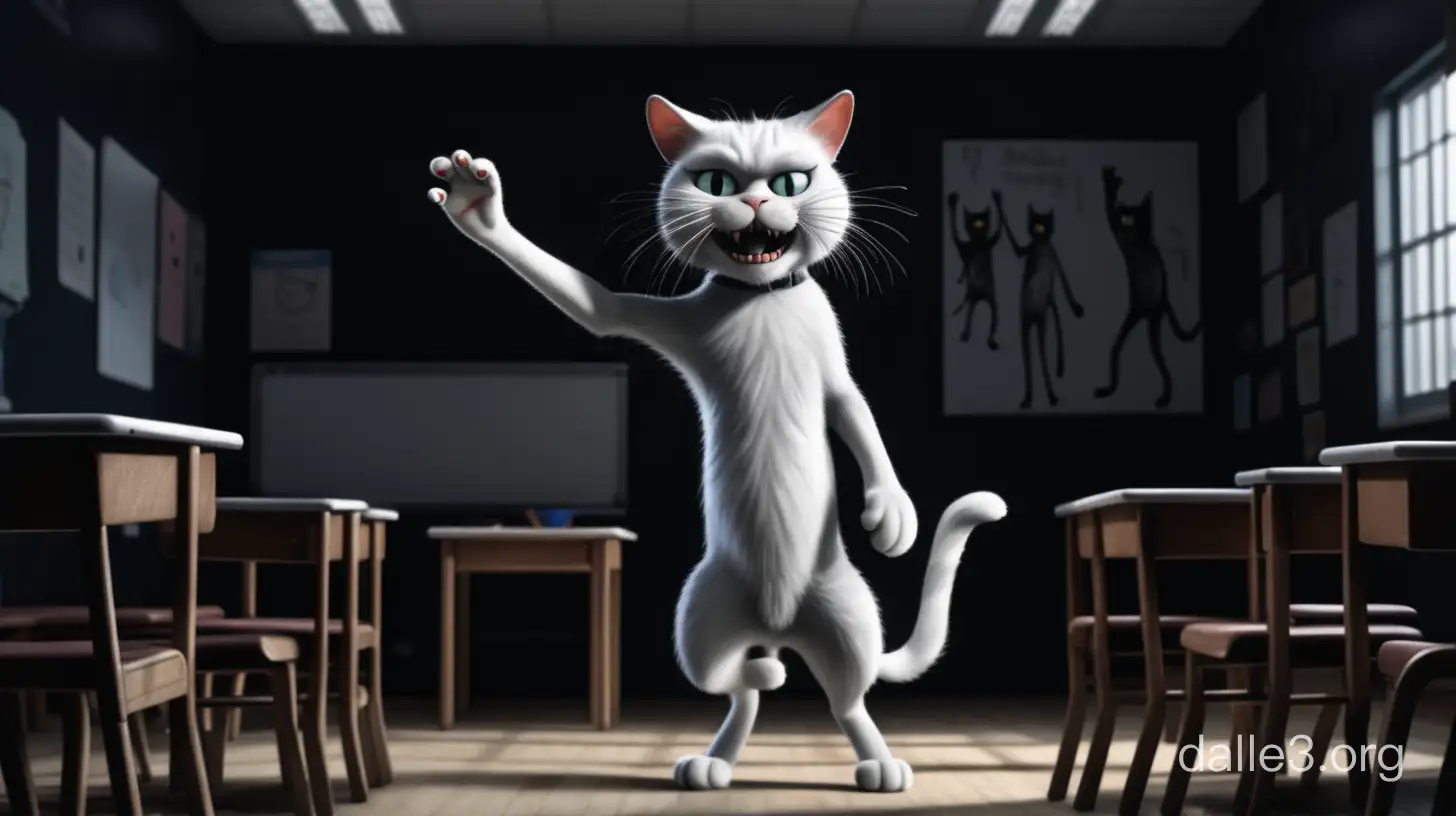 photorealistic scene of a white and black scary cat standing on two legs and horrifying you by two hands waving at you somewhere in dark classroom of school. 