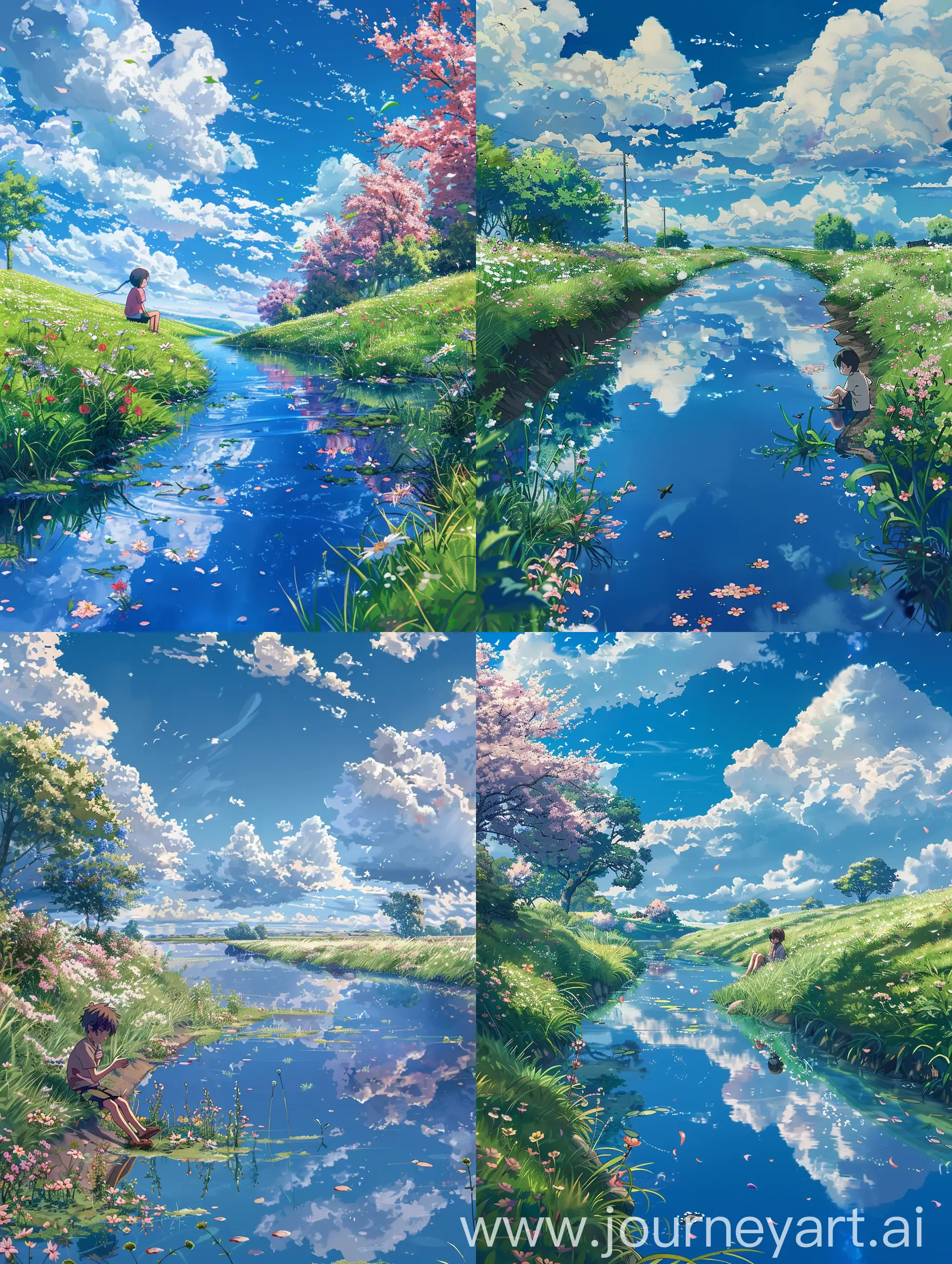 beautiful anime scenery,High depth of makato shinkai style,in the beautiful summers.beautiful blossoms with some flowers and grass,a little windy,a very small river like system in the left side reflecting the beautiful sky,fluffy clouds,blue sky,there are some beautiful trees,a relaxed tone view,a kid sitting and enjoying the environment near the small river,avoid a bad and distorted view of the kid,avoid missing fingers,avoid bad body view, (make the scene a relaxed afternoon).