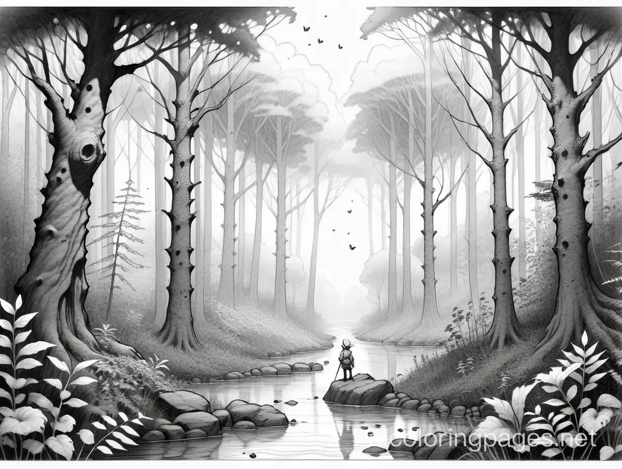 ink outline sketch, fantasy  in a forest,  Jean Baptiste Monge,    highly detailed,  no shading, Coloring Page, black and white, line art, white background, Simplicity, Ample White Space. The background of the coloring page is plain white to make it easy for young children to color within the lines. The outlines of all the subjects are easy to distinguish, making it simple for kids to color without too much difficulty