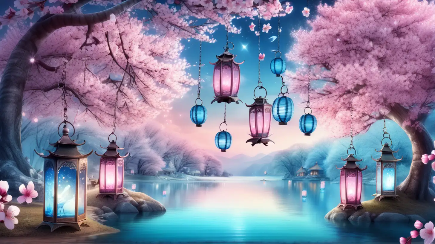 Enchanted Cherry Blossom Forest with Pink and Blue FairyTale Lanterns