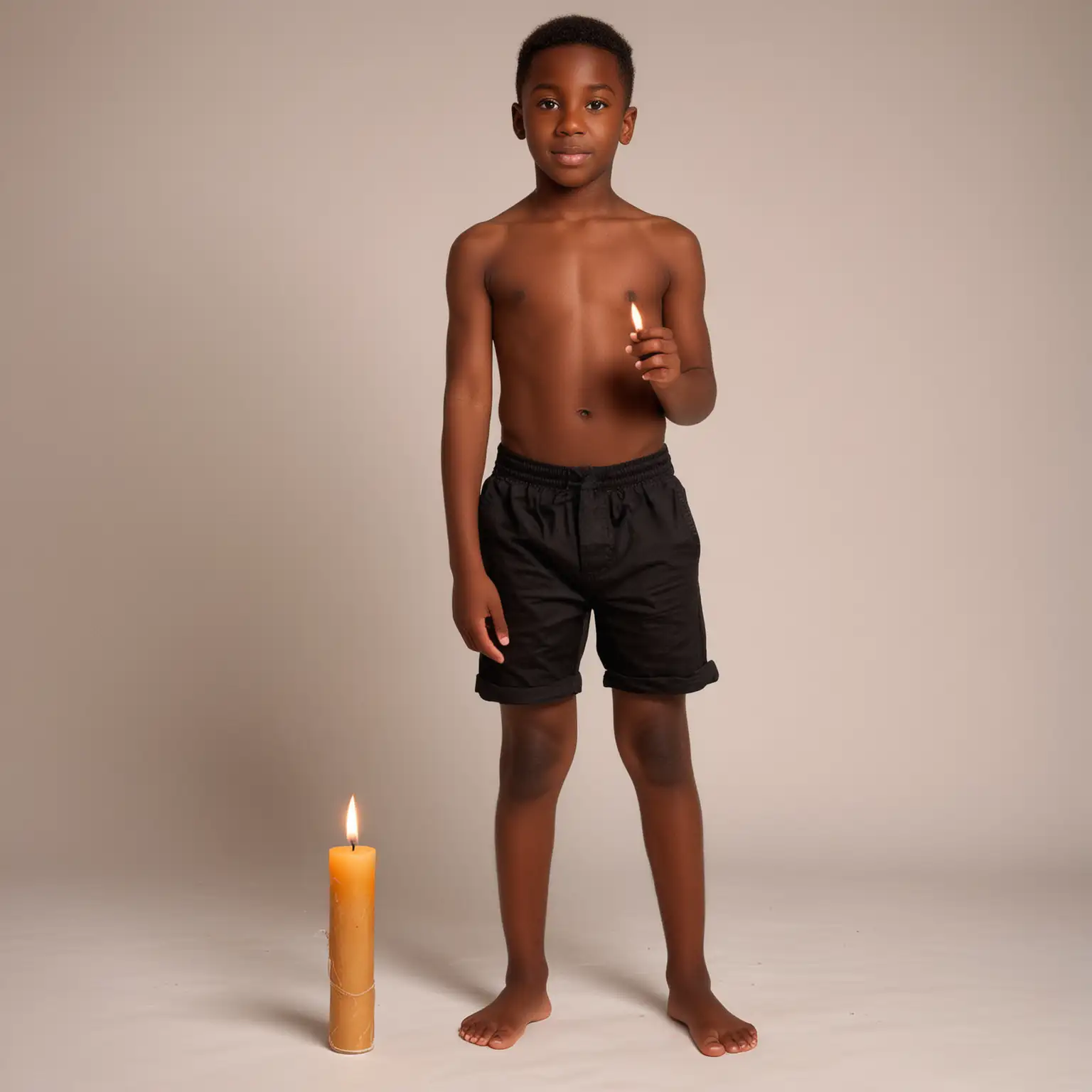 shirtless black boy with black  short pant barefeet holding candle