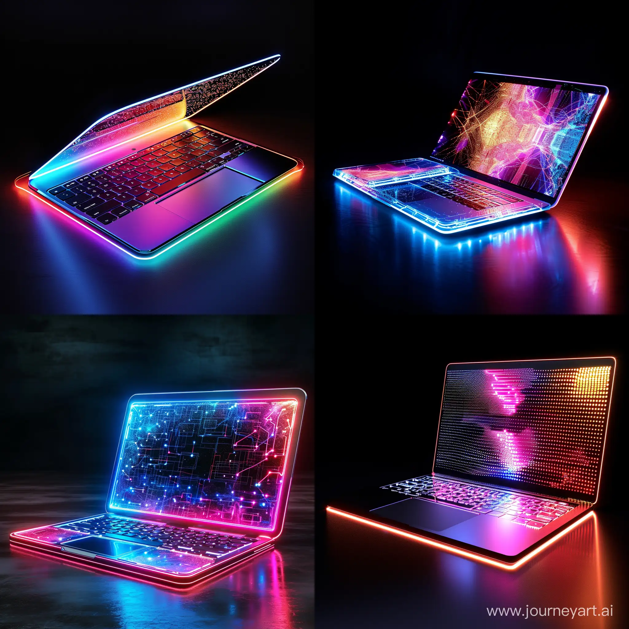 Futuristic laptop, neon, organic LED, microscopic LED, quantum dots, backlight, science fiction --v 6
