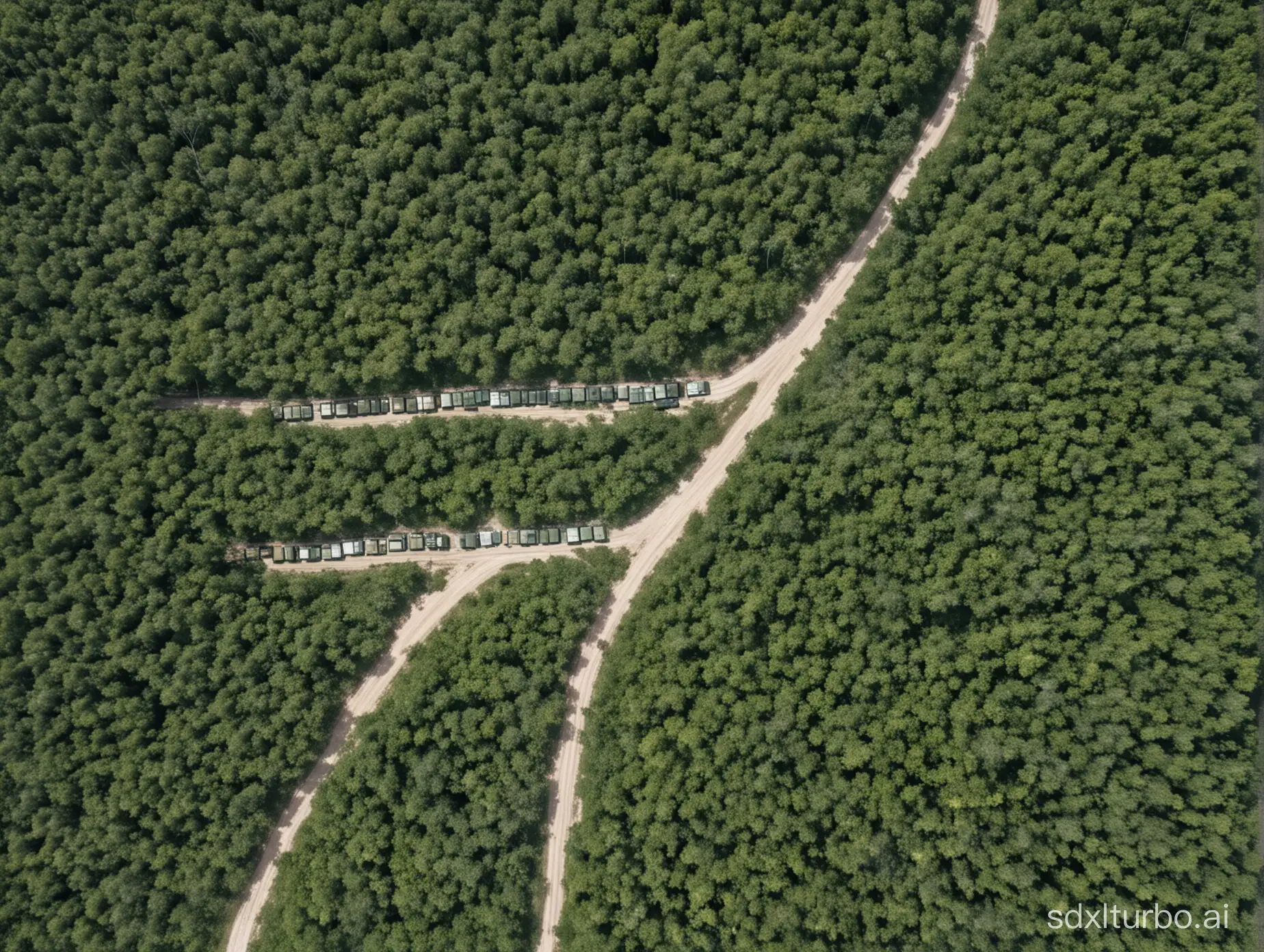 Satellite view of convoy  tanks passing through a jungle area.