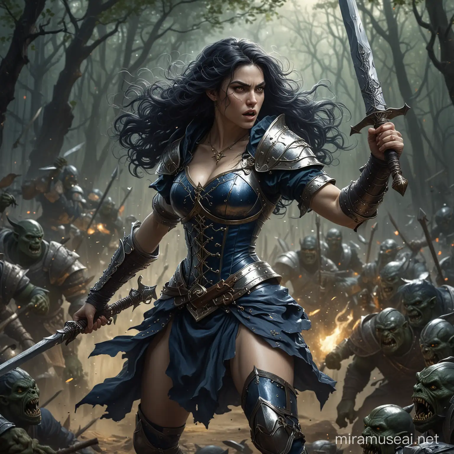 Medieval fantasy, a young white pale  woman in dark blue-gold plate mail with black wavy hair and holding spear is fighting a HUGE dark green ORC