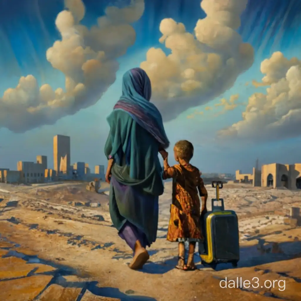 A palestanian woman in traditional dress with her child, with suitcases next to them, their eyes turned to the sky with hope, a view of the destroyed city of Gaza and a muddy street, A terrifying scene of a cloudy sky with an opening gate of clouds to heaven, fantasy and impressionism art by tomasz alen kopera