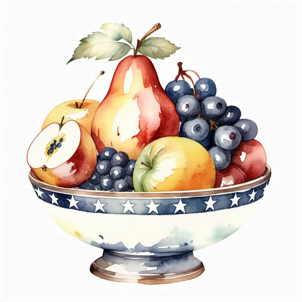 Vintage Watercolor American Fruit Bowl on White Background