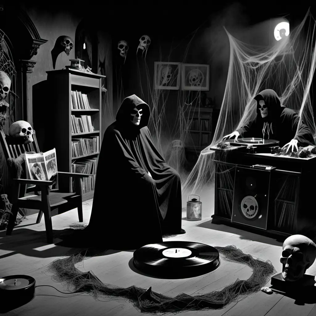 1950s black and white horror movie, phantom wearing hooded cloak listening to vinyl record on turbtable, cobwebs, skull piles on floor, shrine, kings chair, evil character listening to music
