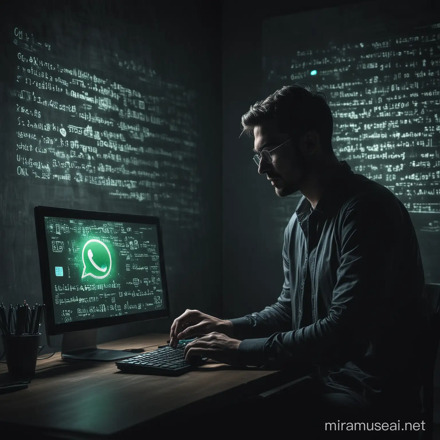 Savvy Individual Crafting False WhatsApp Chat on Computer in Dimly Lit Space