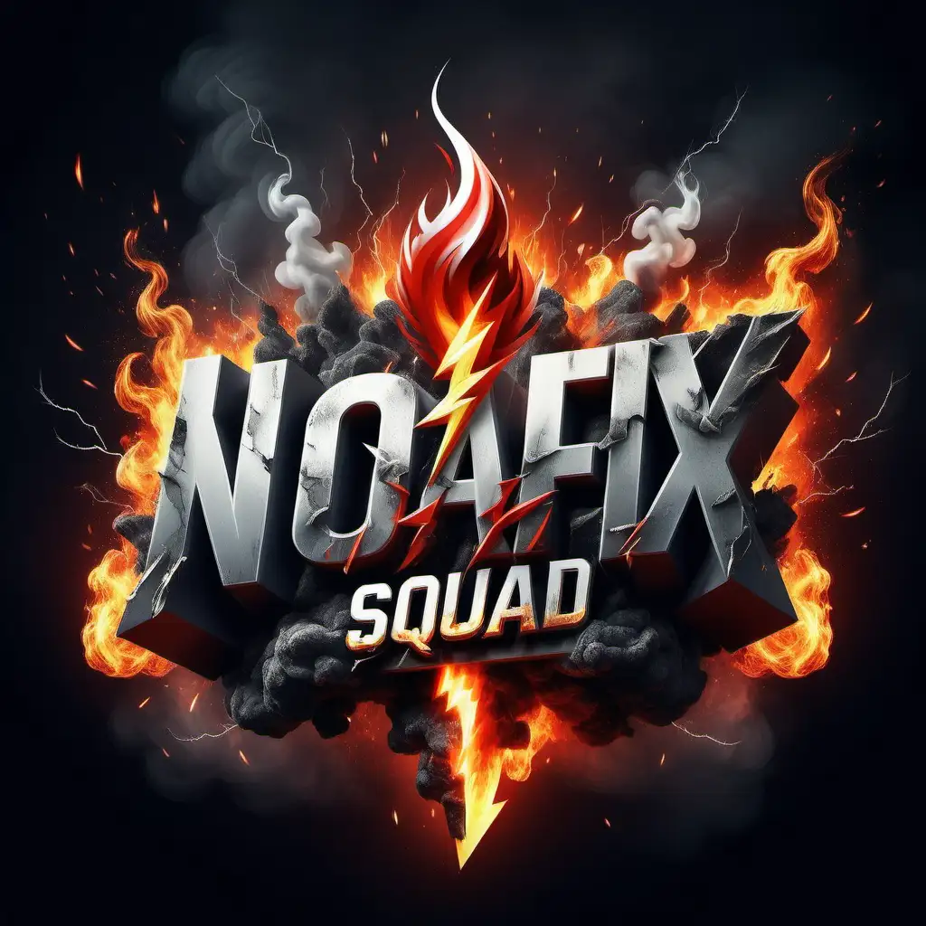 Dynamic profesjonalne logo napis, "NOAFIX_SQUAD", logo with strong lightning, fire and smoke, exuding energy and intensity, w tle widoczna flaga Polski.