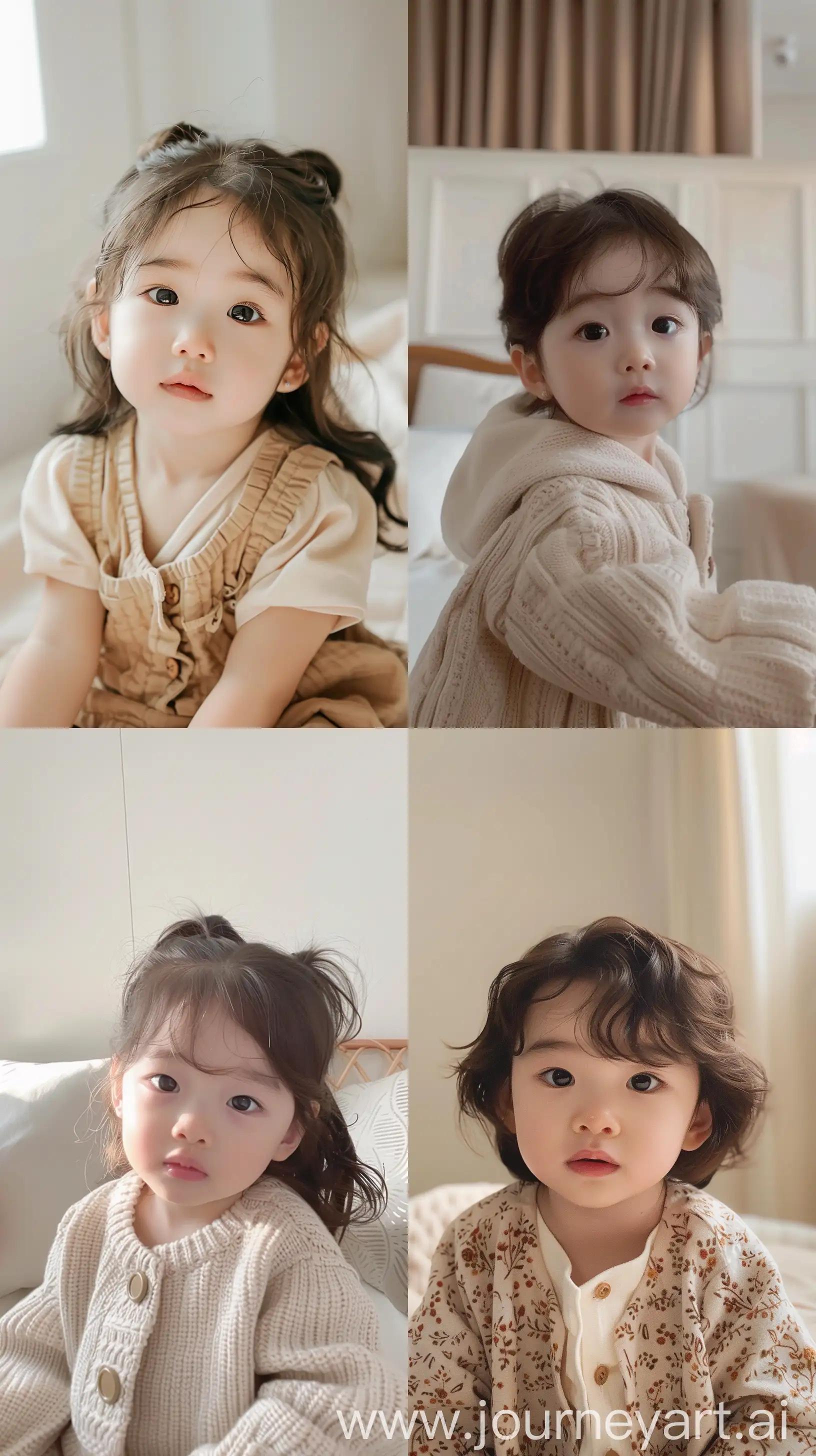 a 2 years old korean kids, facial feature look like blackpink's jennie, wearing cute outfit, in a cream room --ar 9:16
