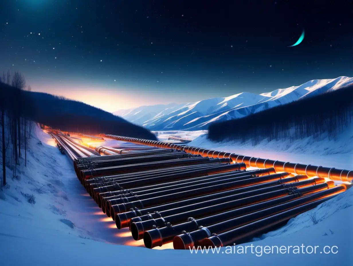 A lot of different diameter oil pipes, pipes floating through the universe, pipes are glowing, in the background is a beautiful snowy valley 
