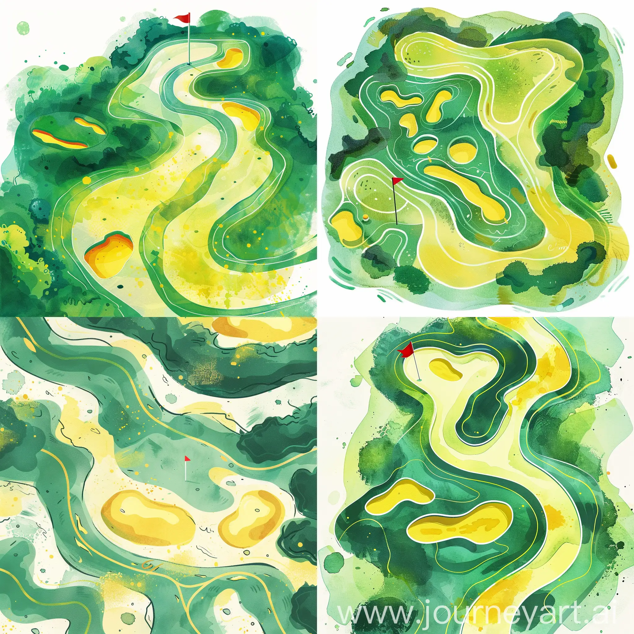 a stylized, watercolor illustration of a miniature golf course. The course consists of vibrant green for the fairway and putting green areas, with yellow sand traps and pale yellow for the greens. Its contours are smooth and wavy, giving the appearance of gentle undulation. The outer edges of the course feature darker green splashes, suggesting rough or foliage. A red flag on a white pole marks the hole location, adding a pop of color. The watercolor effect creates a sense of softness and texture throughout the artwork. The overall image is playful and cartoon-like, suitable for representing a whimsical or family-friendly golfing theme.