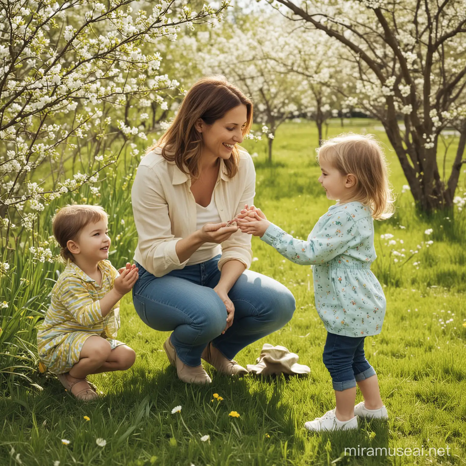 Mother spending time with children, outside, spring