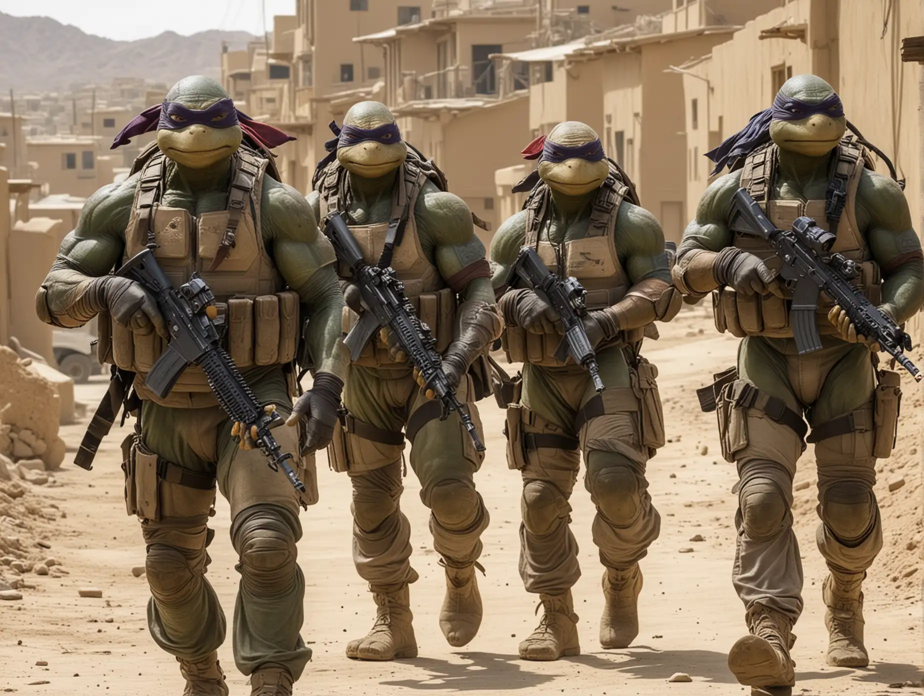 The Ninja Turtles join the Navy Seals, on deployment in Afghanistan, patrolling a village, all are wearing combat helmets 