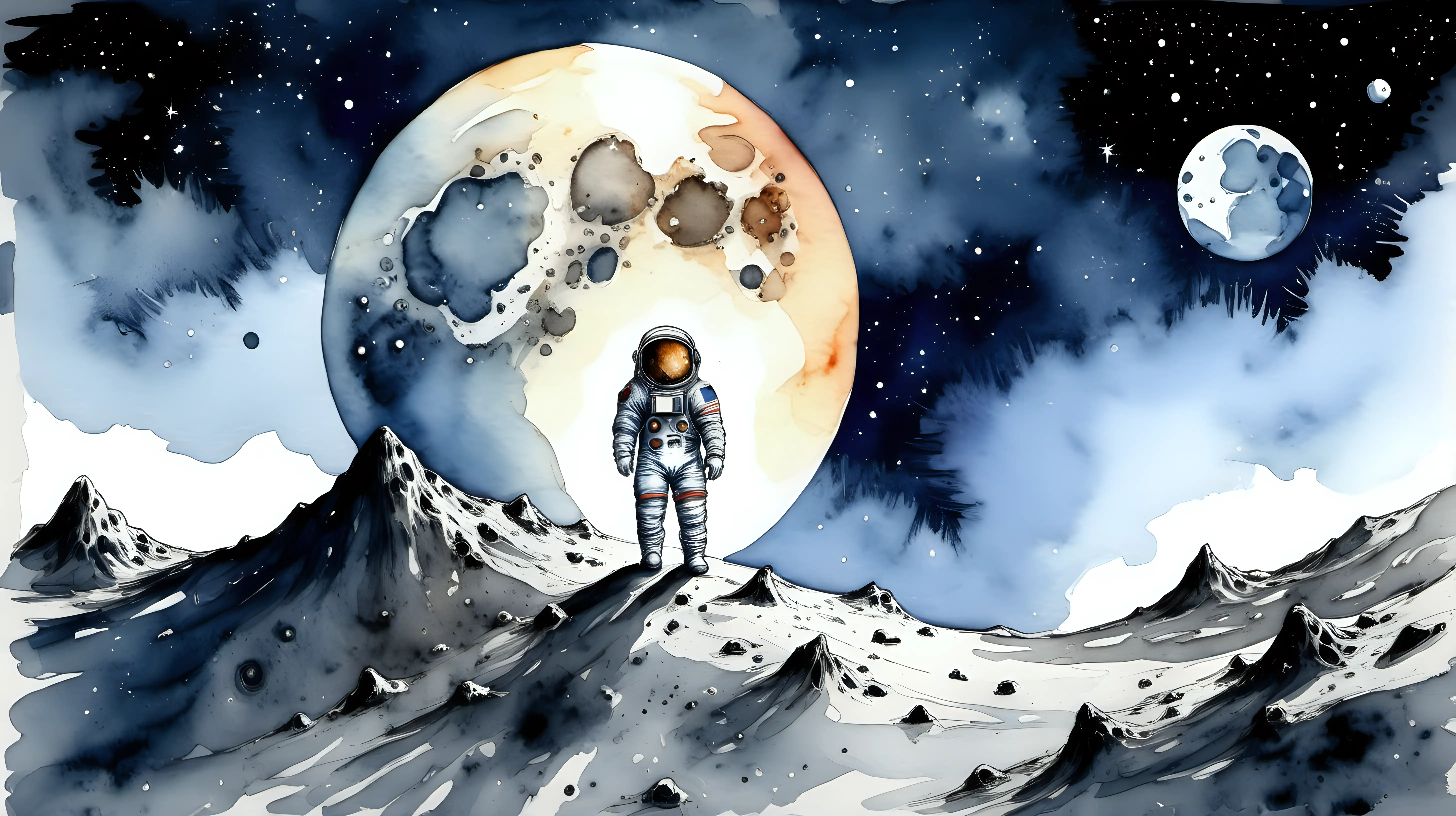 акварельный рисунок. астронавт на Луне. copy space.