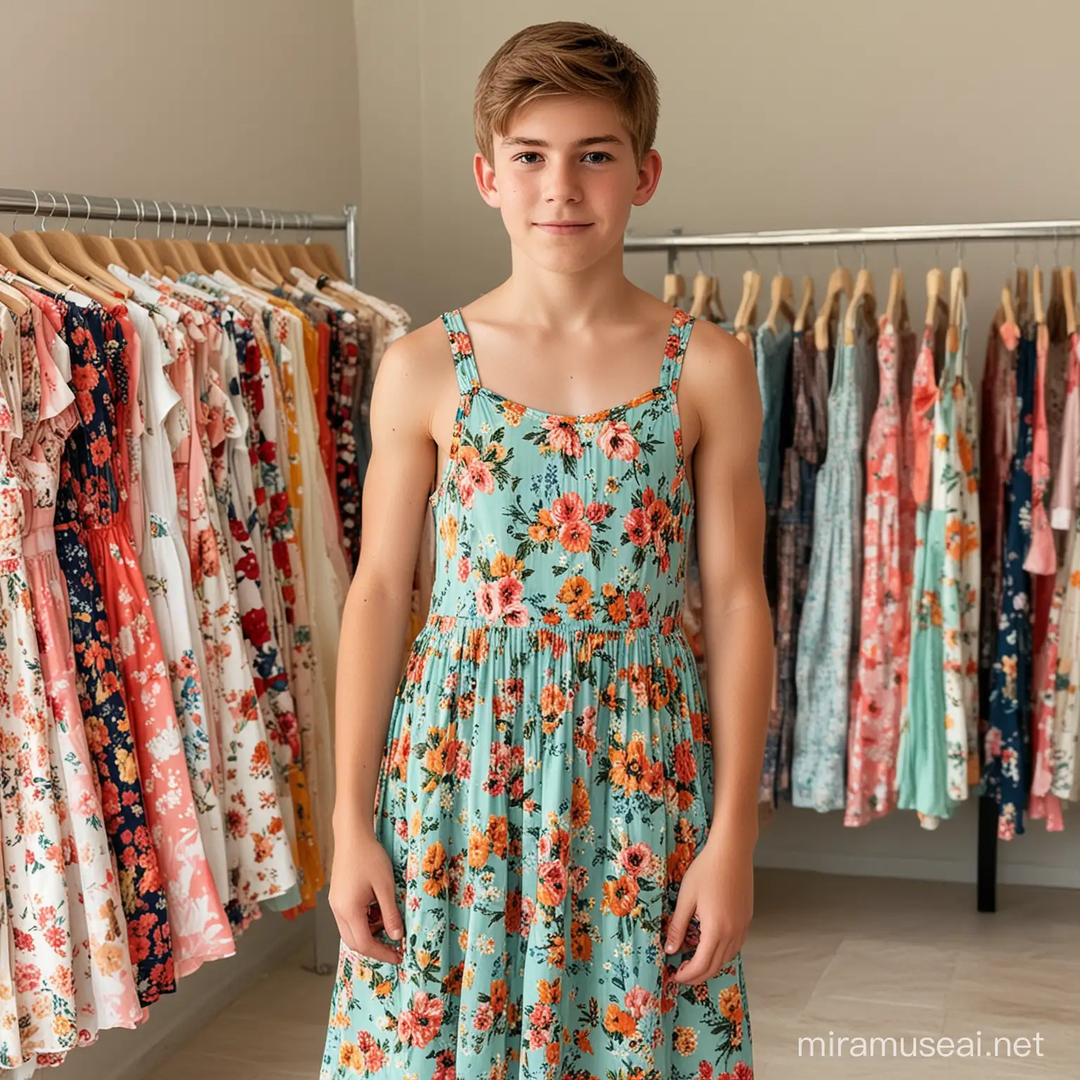 teenage boy has to try on and pose in a floral a-line summer dress in a boutique