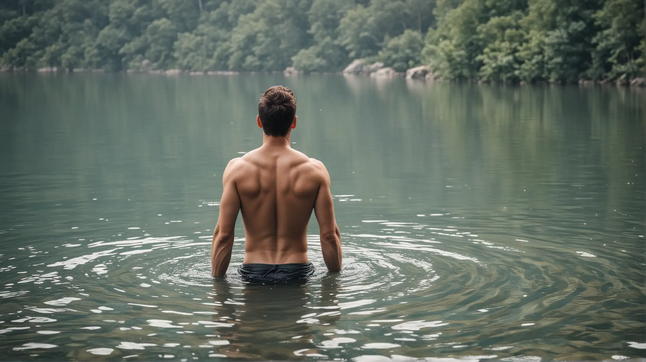 man standing in waist deep water,  shirtless, taking in the view, image be from the viewpoint of behind the man