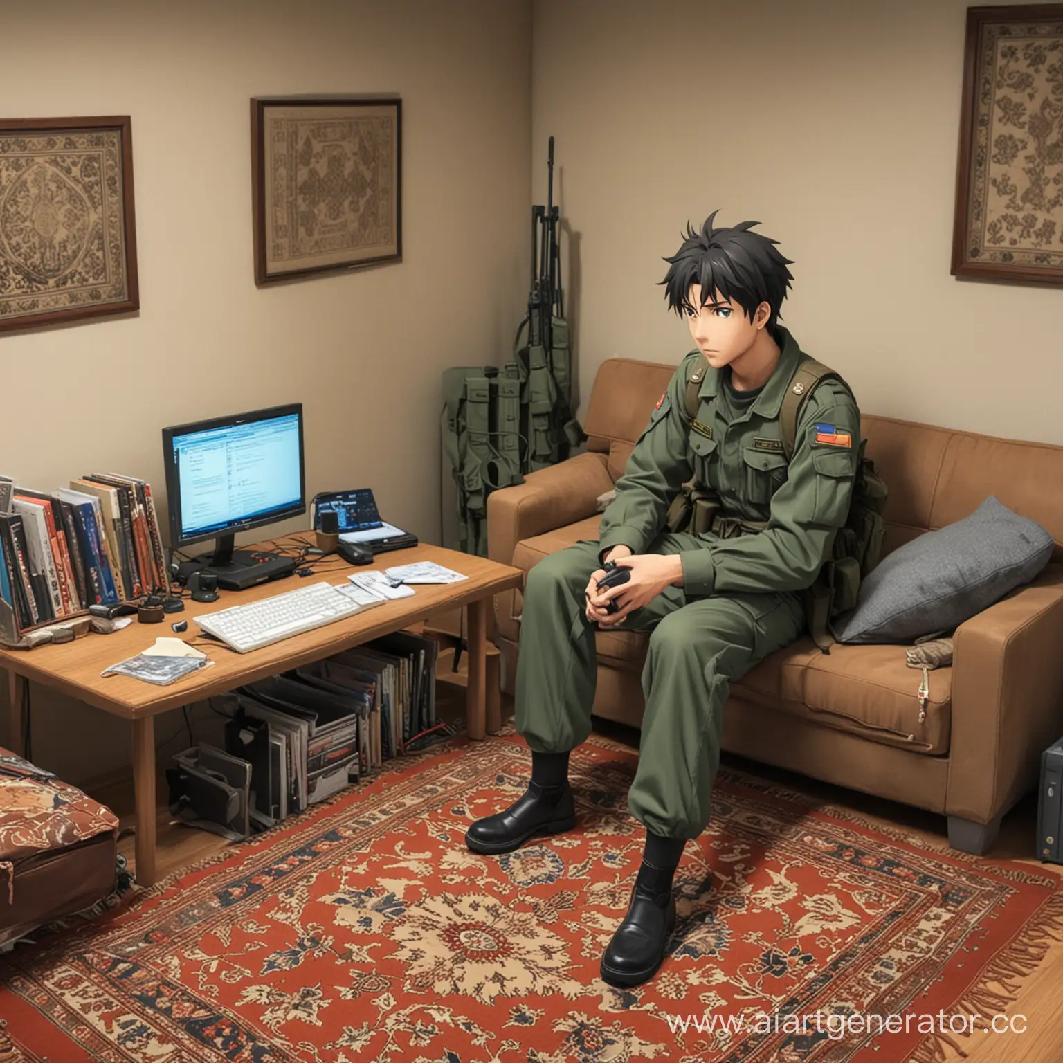 Anime-Soldier-Relaxing-with-Computers-on-Couch