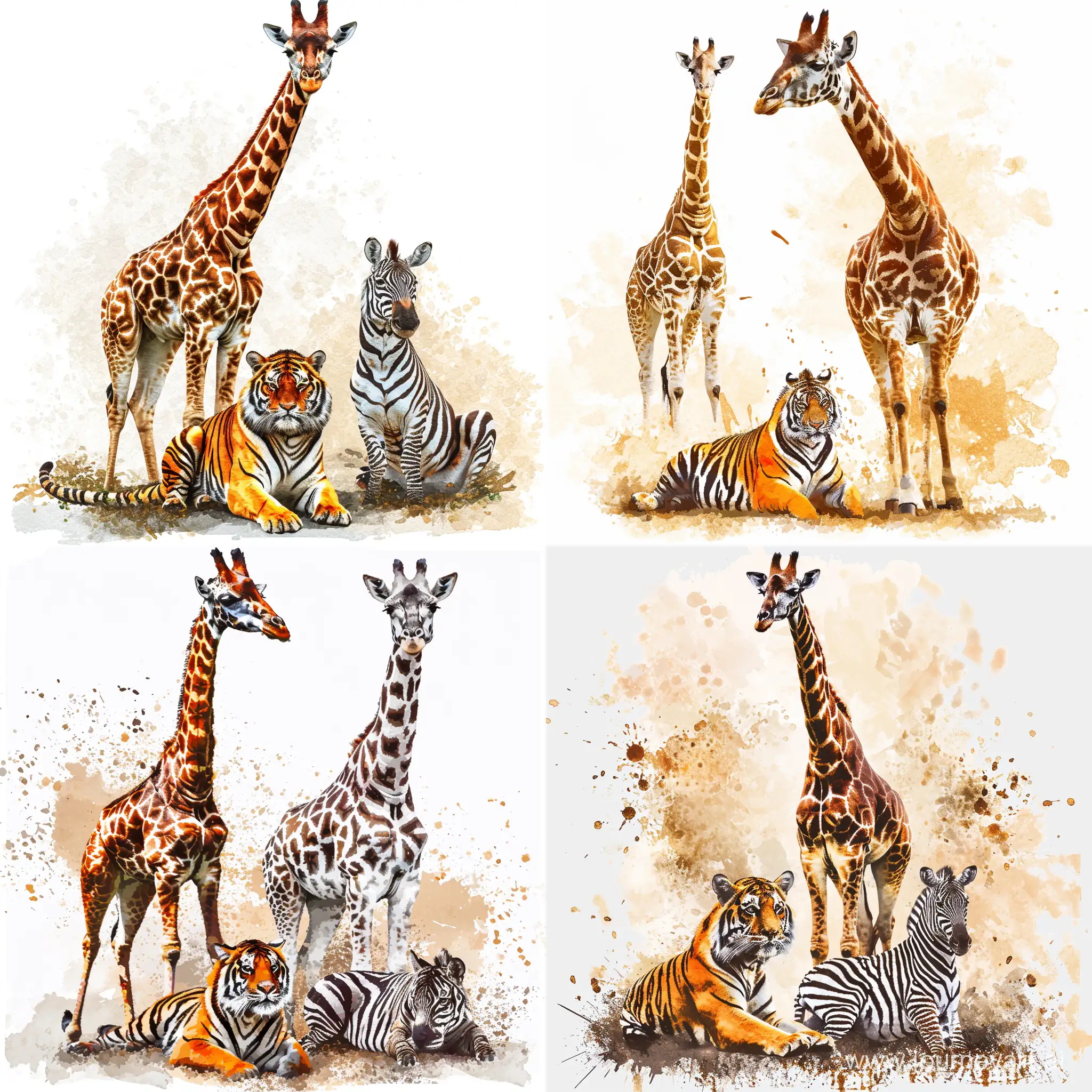 Wildlife-Watercolor-Giraffe-Tiger-and-Zebra-in-Standing-and-Sitting-Poses