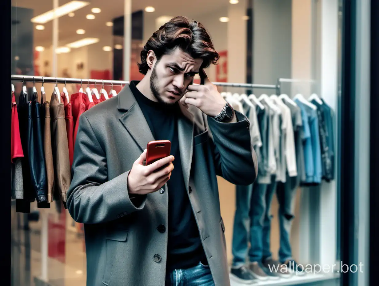 an uterly stupid looking guy with disproportionate giant thumbs looking at the brand new fashionable cellphone through a phone store window in a big city street, photograph, envious mood