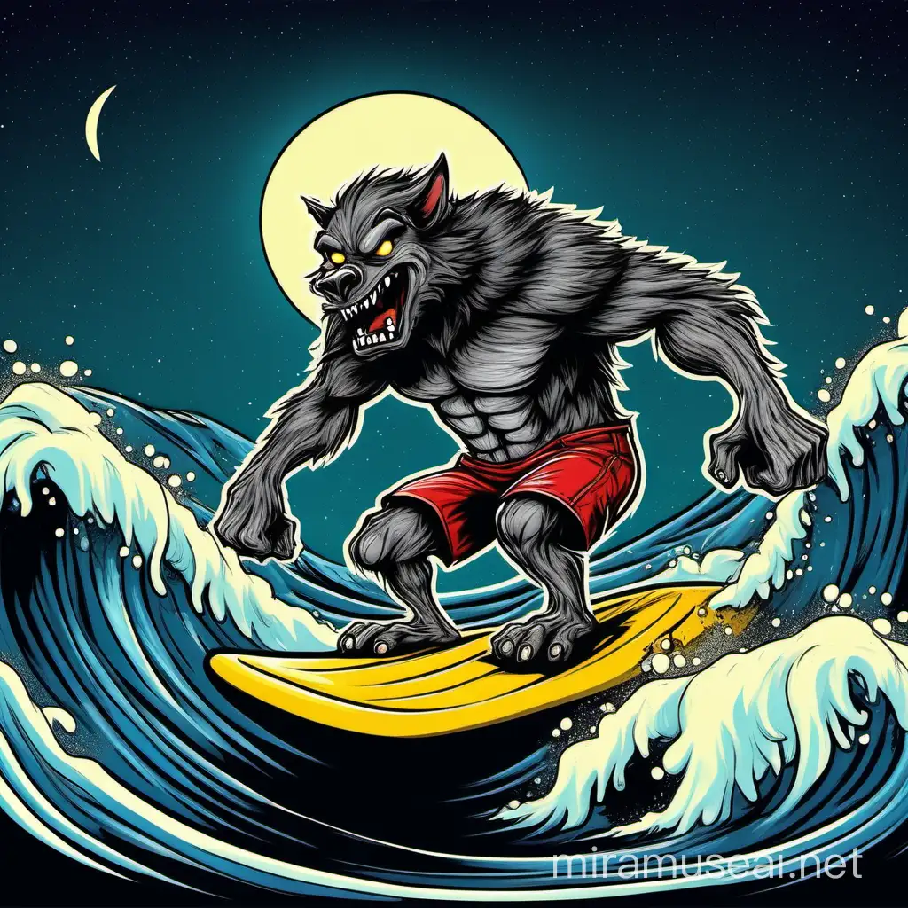 Funny Cartoon Werewolf Surfing at Night