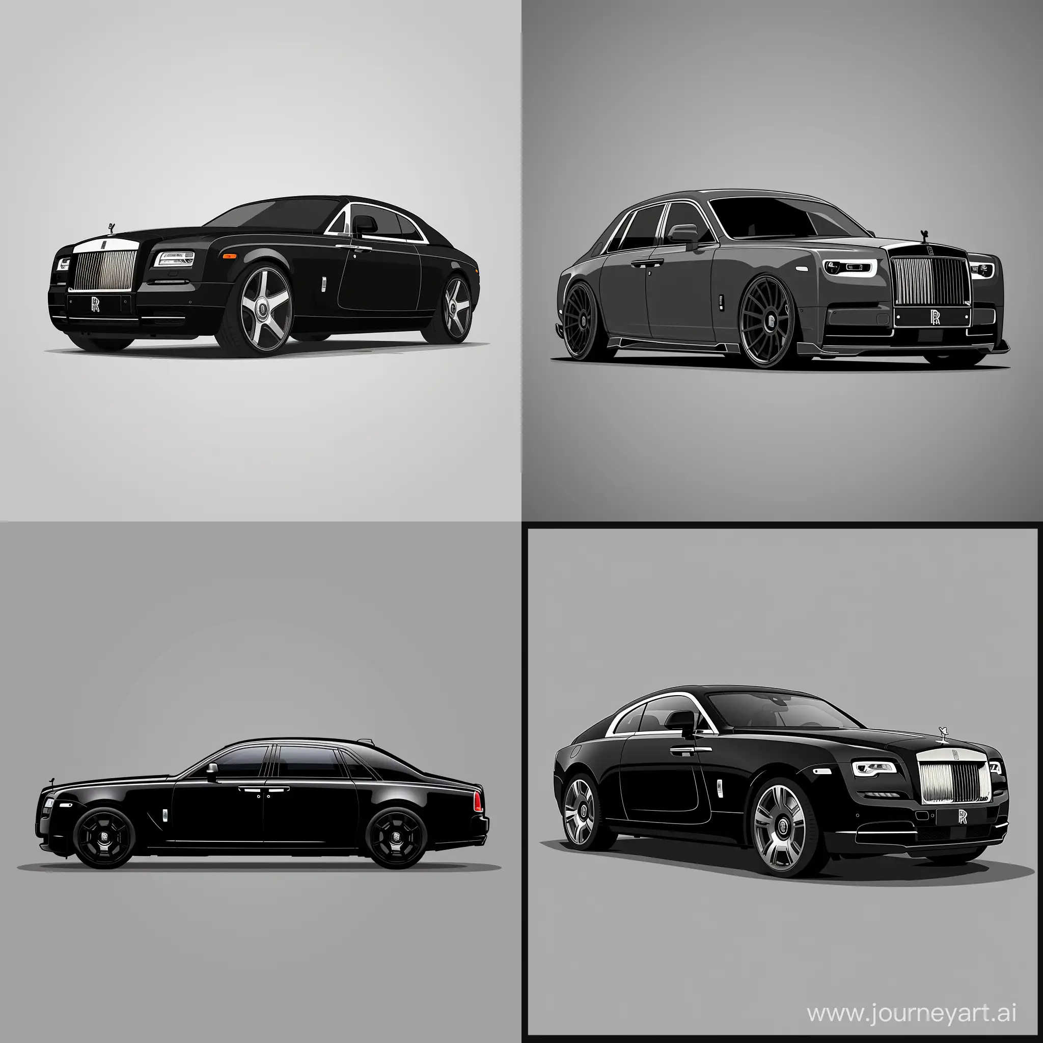 Minimalism 2D Car 2/3 View Illustration of: Black RollsRoyce Fantom, Simple Gray Background, Adobe Illustrator Software, High Precision