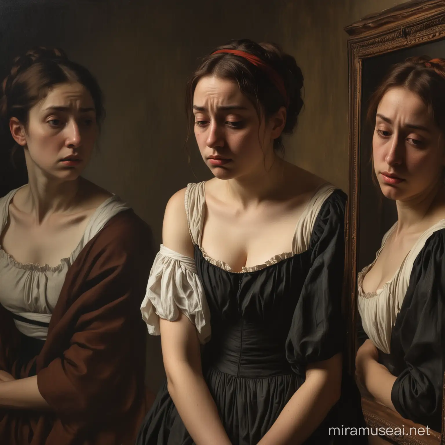 Une femme triste dans entre style de Caravaggio et Edgar Degas 