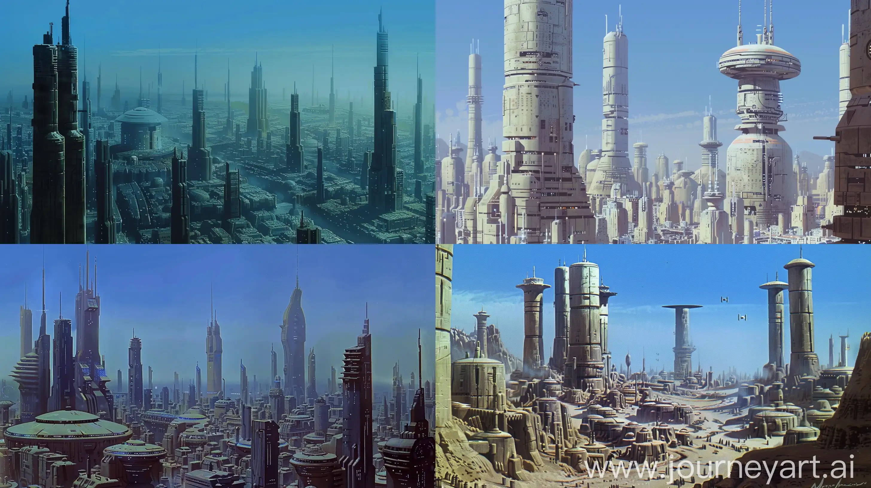 retro 70s sci-fi concept art of the skyline of a dense futuristic city with towers. coruscant. Ralph McQuarrie style. blue sky. --ar 16:9


